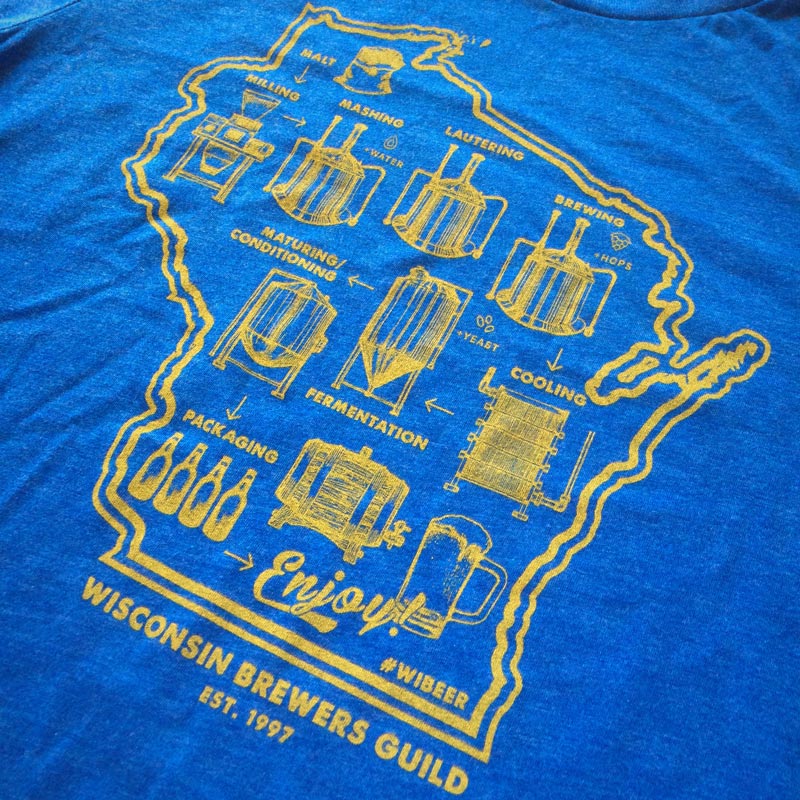 Graphic of the brewing process and an outline of the state of Wisconsin on a blue t-shirt.