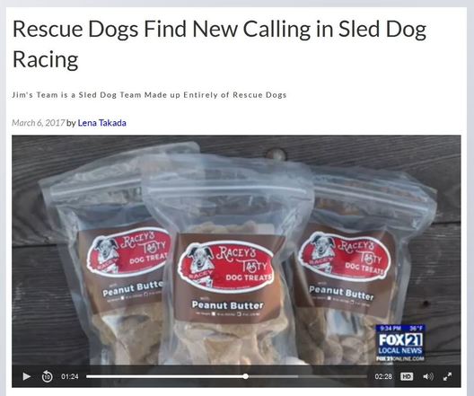 Screen capture of the news story featuring Racey's Tasty Dog Treats.